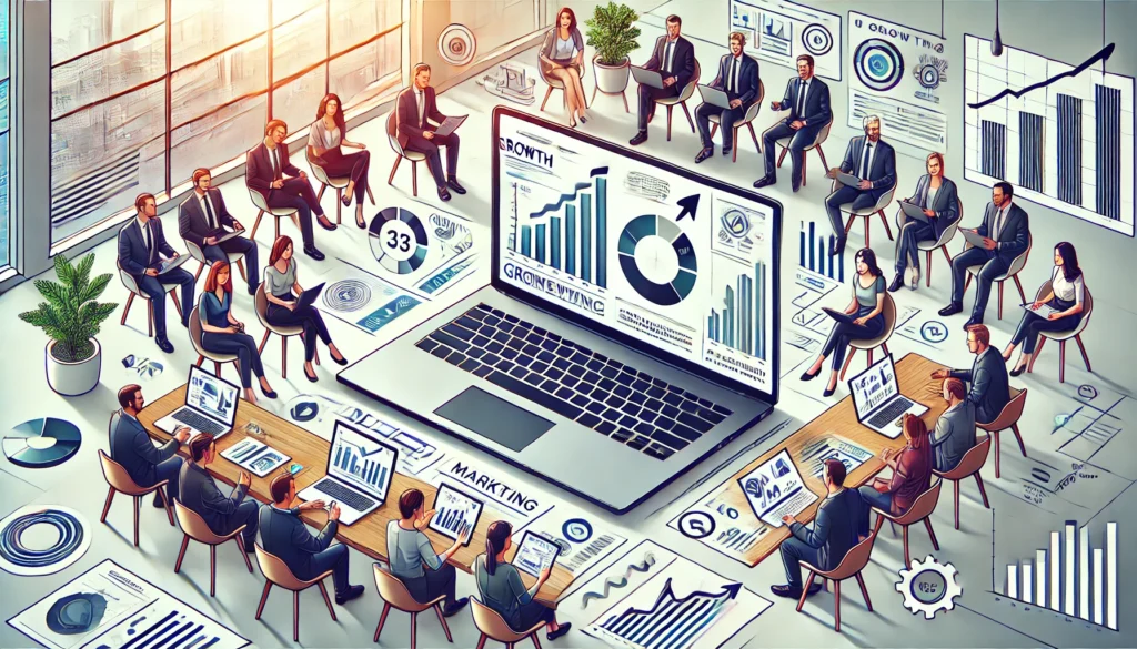 Equipo de profesionales diversos colaborando en torno a un portátil con métricas de crecimiento, paneles de marketing y gráficos que reflejan innovación y estrategia basada en datos