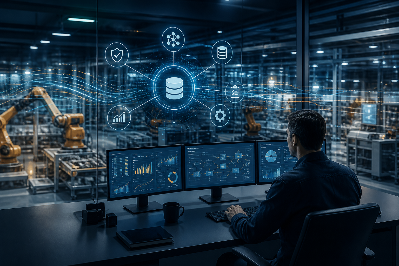 Sala de control industrial con visualización de datos y tecnología aplicada a procesos industriales