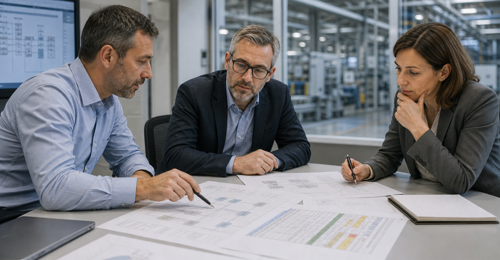 Escena editorial de evaluación de consultoría tecnológica industrial en un entorno de decisión empresarial e industrial
