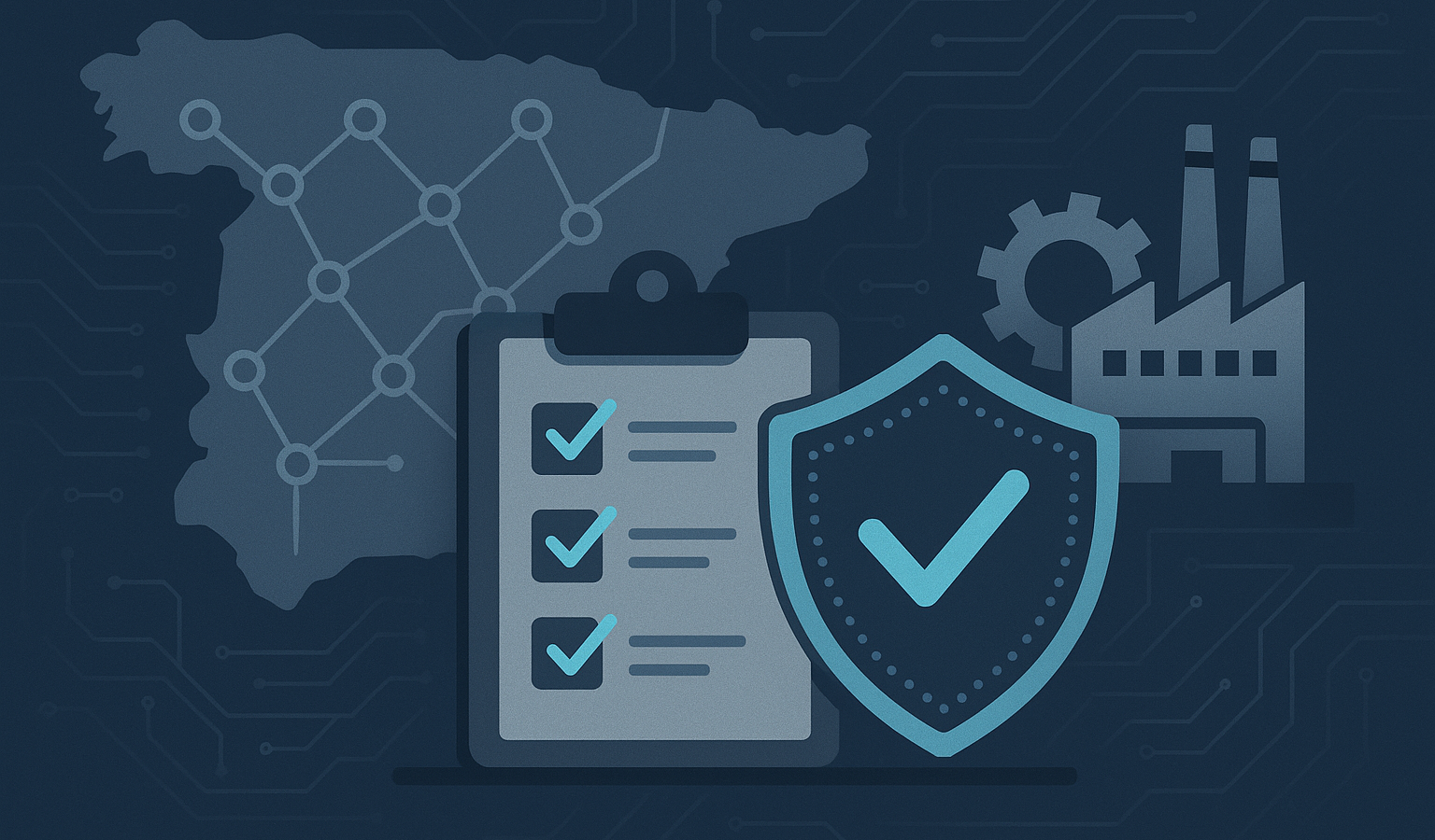 Mapa abstracto de España con nodos industriales, checklist técnico y seguridad digital para vender al sector defensa