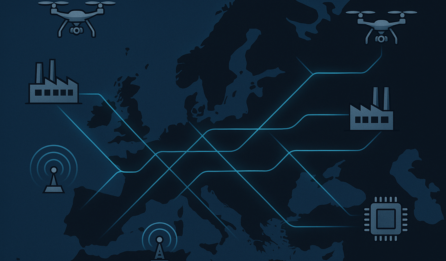 Abstract map of Europe with supply chains, drones and industrial defence technology