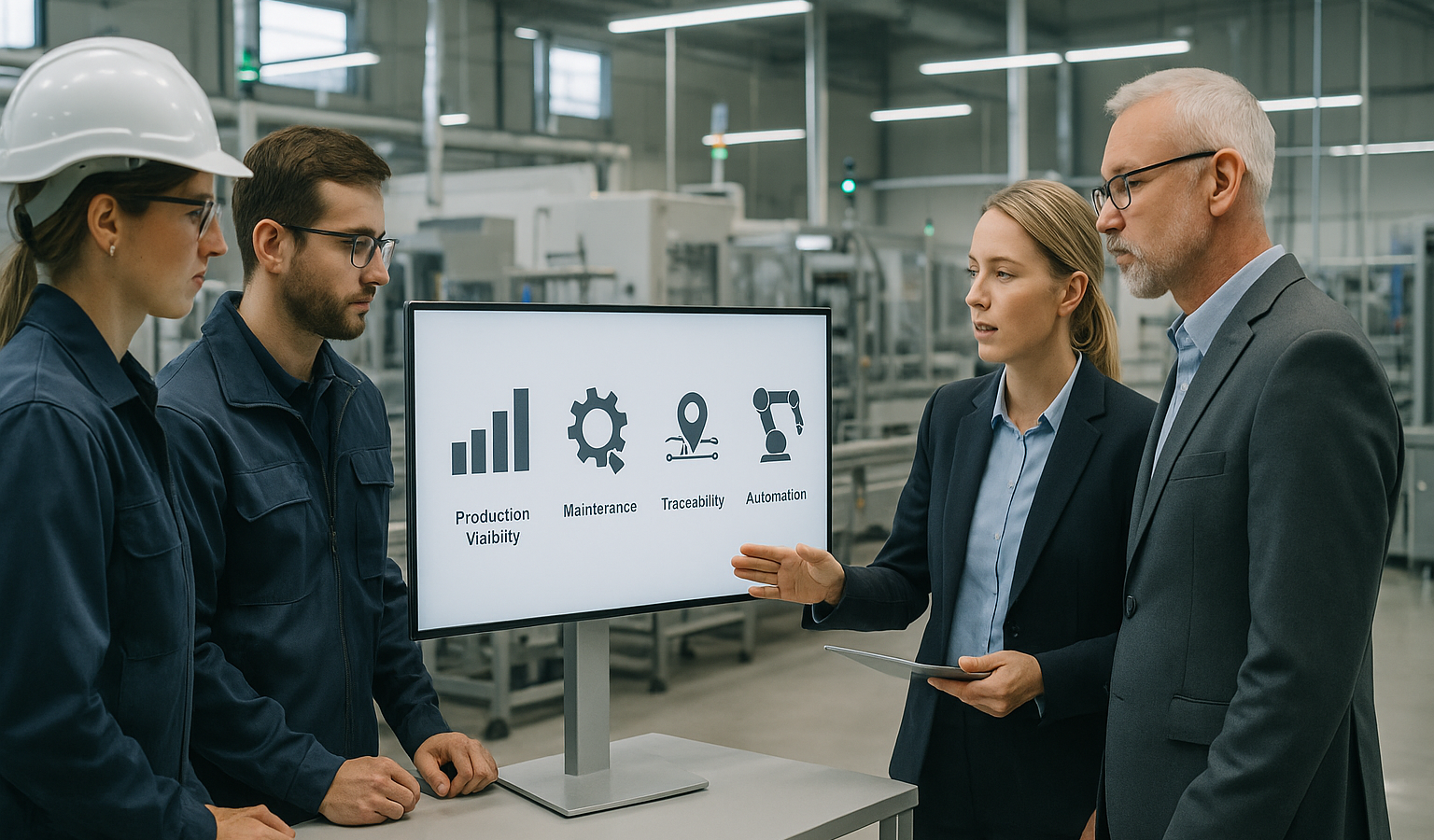 Managers and shop-floor staff reviewing digital indicators in a modern manufacturing plant