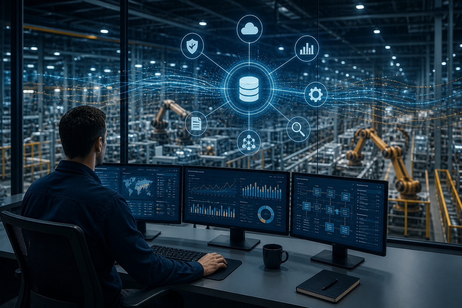 Industrial control room with data visualization and technology applied to manufacturing operations