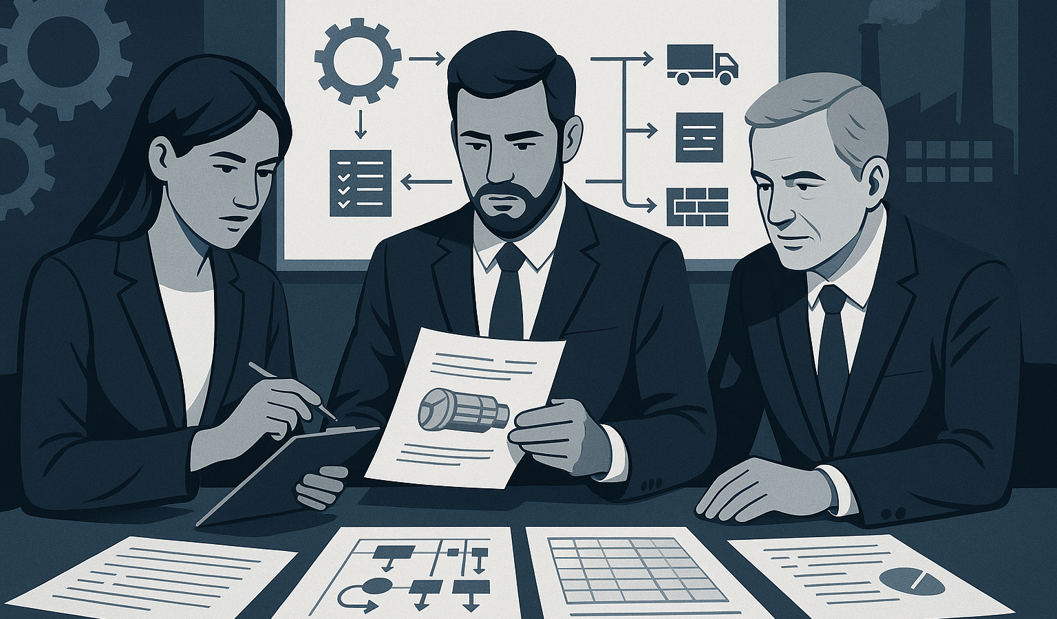 Proveedor industrial revisando requisitos PECAL AQAP e ISO 9001 para defensa