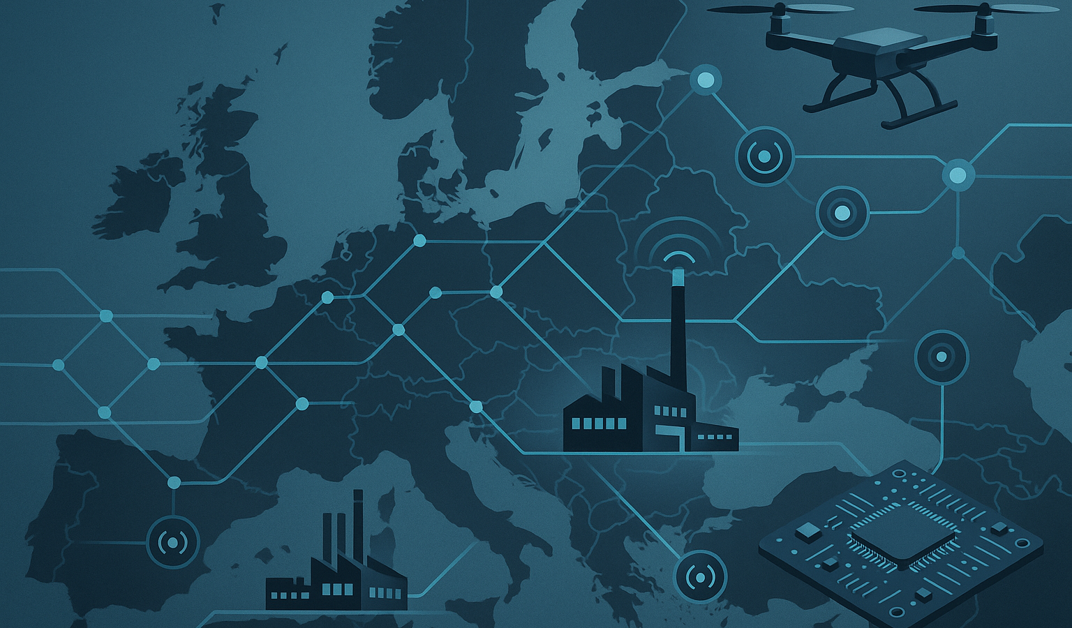 Mapa abstracto de Europa con cadenas de suministro, drones y tecnología industrial para defensa