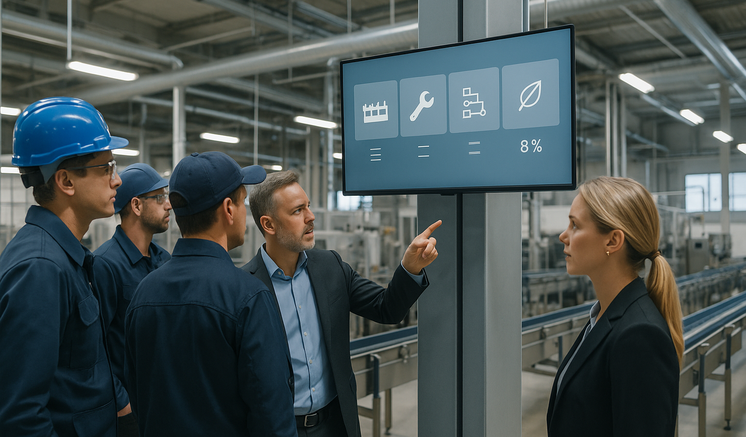 Directivos y operarios revisan indicadores digitales en una planta industrial moderna
